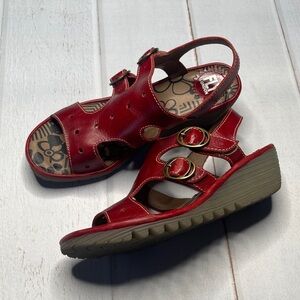 Fly London 40 Red Wedges Shoes Sandals Open Toe Easy On Ladies Strappy Buckles